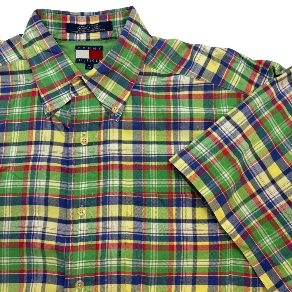 Tommy Hilfiger‎ Mens Green Yellow Plaid Short Sleeve Button Down Shirt Size M